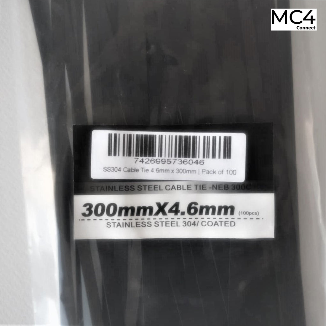 Solar Cable Ties Zip Ties 304 Stainless Steel Nylon Coated 300mm x 4.6mm - Pack of 100pcs