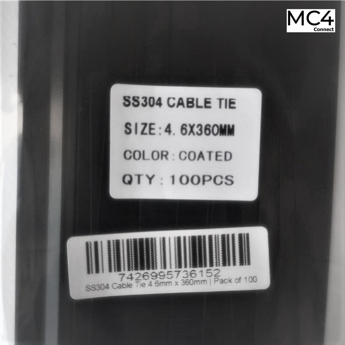 Solar Cable Ties Zip Ties 304 Stainless Steel Nylon Coated 360mm x 4.6mm - Pack of 100pcs