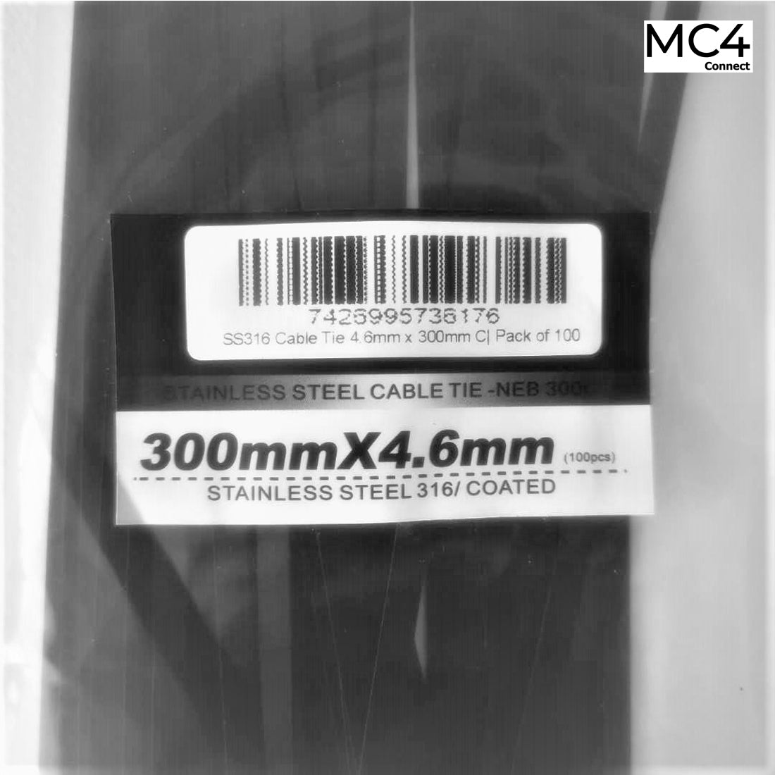 Solar Cable Ties Zip Ties 316 Stainless Steel Nylon Coated 300mm x 4.6mm - Pack of 100pcs
